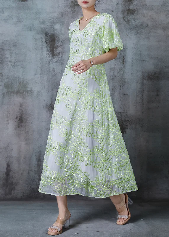 t-shirt dressElegant Green Embroidered Organza Robe Dresses Puff Sleeve