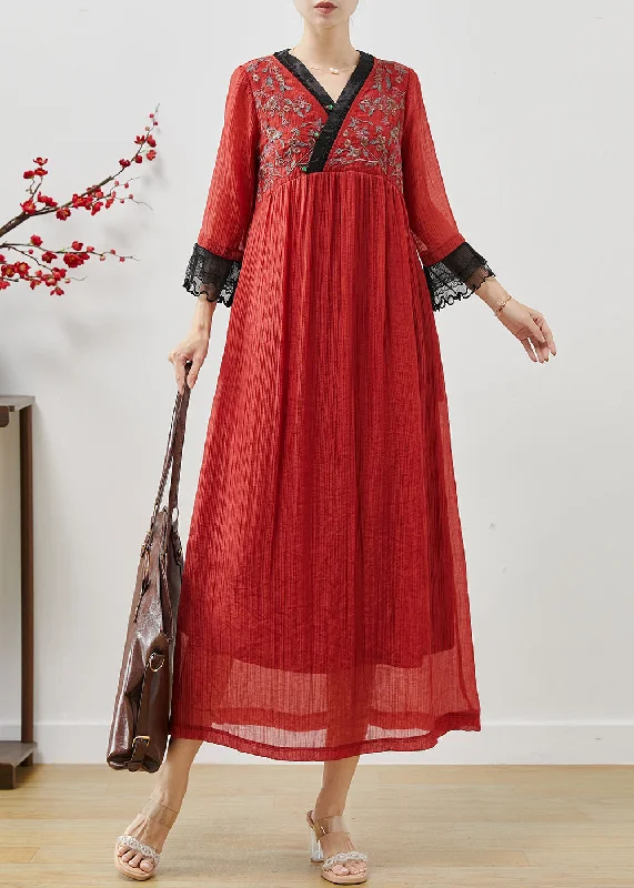 Quick Sale A-line dressRed Patchwork Lace Cotton Ankle Dress Embroidered Fall