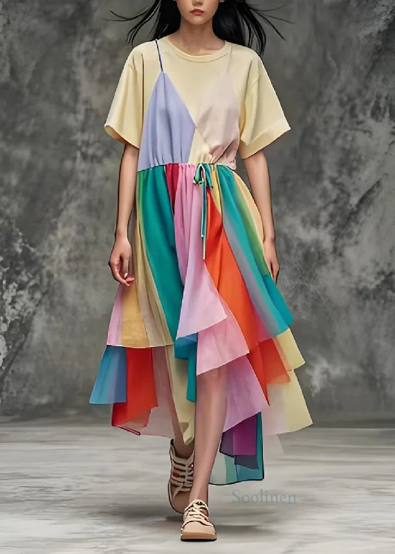 Midnight Sale tiered dressWomen O Neck Asymmetrical Patchwork Cotton Dress Summer