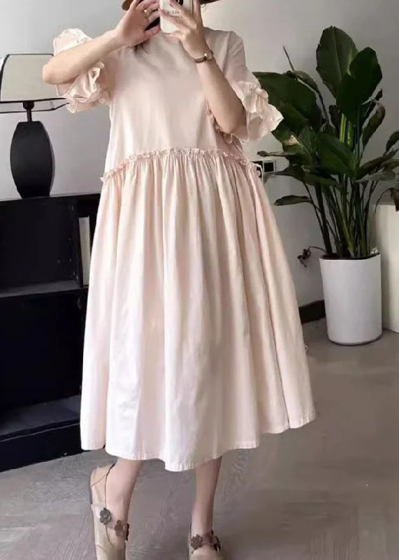 Price Cut casual evening dressArt Pink O-Neck Wrinkled Long Dresses Summer
