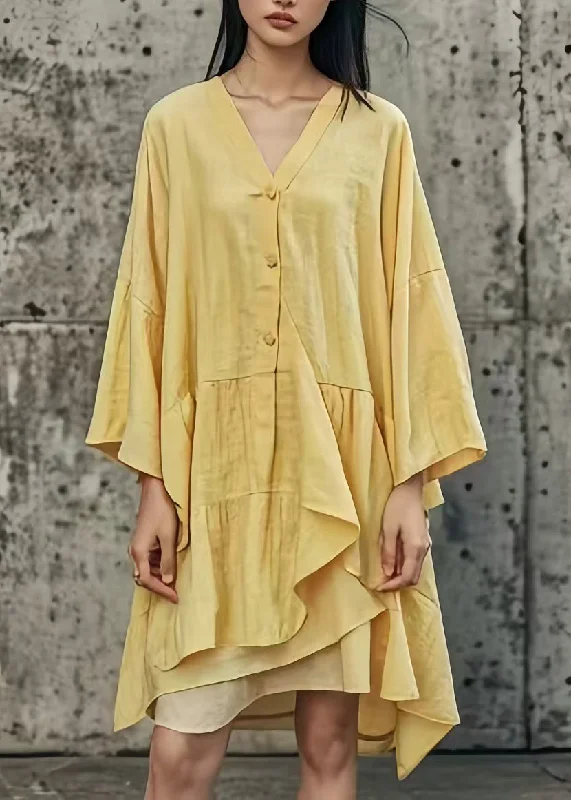 Bargain Prices vintage-inspired dressHandmade Yellow Asymmetrical Patchwork Cotton Mid Dress Summer