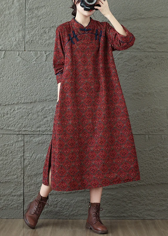 party dressVintage Red Stand Collar Print Oriental Button Cotton Dress Spring