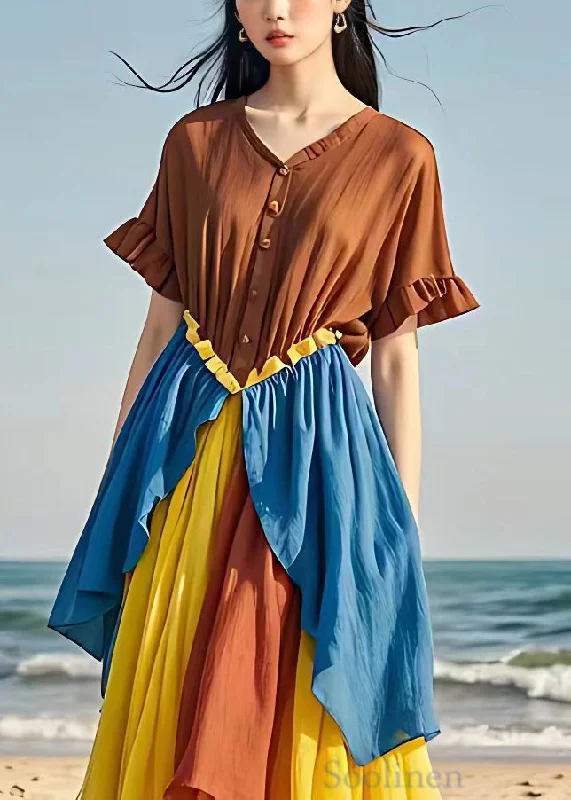 Unbeatable Prices v-neck dressBohemian Brown Ruffled Button Patchwork Cotton Dresses Summer Unbeatable Prices v-neck dressBohemian Brown Ruffled Button Patchwork Cotton Dresses Summer