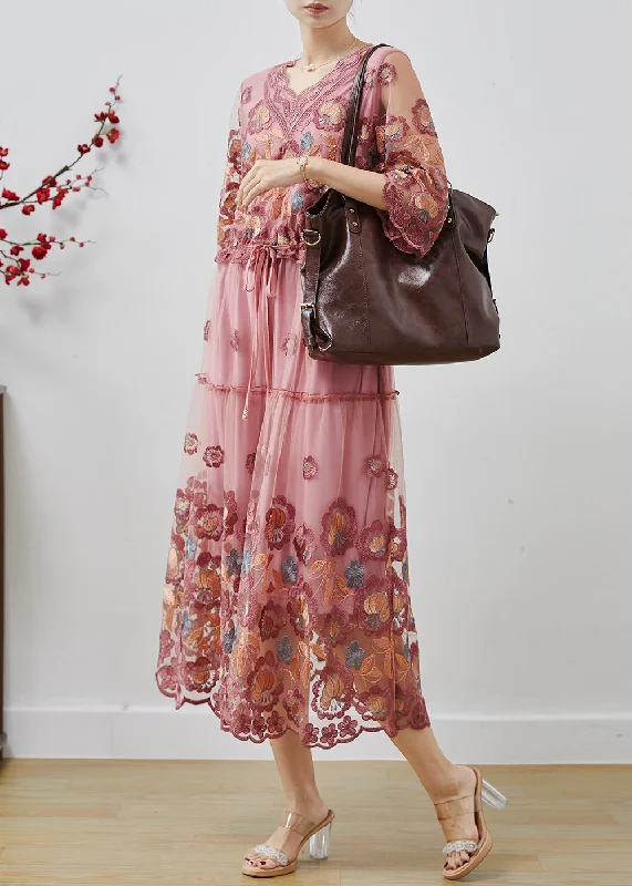 Big Discounts v-neck dressPink Silm Fit Tulle Holiday Dresses Embroidered Summer