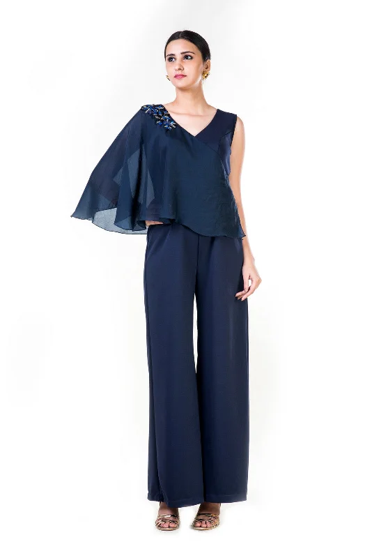 Don’t Miss Out Blue Embroidered Cape Palazzo Jumpsuit