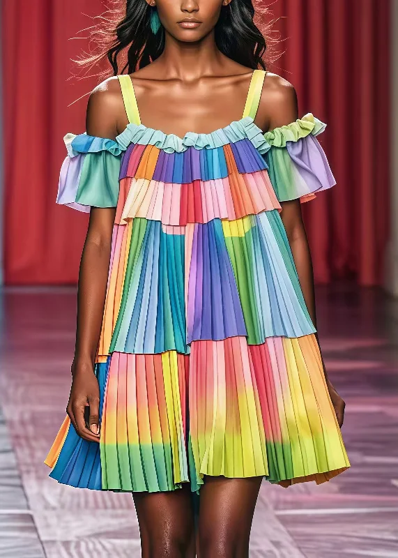 wrap-around dressFrench Rainbow Cold Shoulder Chiffon Pleated Tea Dress Summer