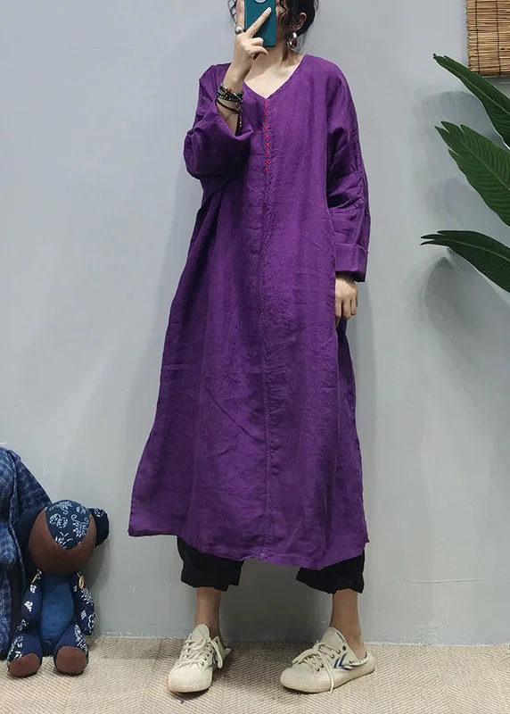 Don't Miss bohemian dressLoose Purple V Neck side open Embroideried pocket Linen Dresses Long Sleeve Don't Miss bohemian dressLoose Purple V Neck side open Embroideried pocket Linen Dresses Long Sleeve