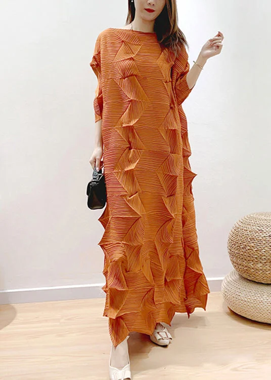 Extra Savings knit dressBoutique Orange O-Neck Wrinkled Dress Puff Sleeve