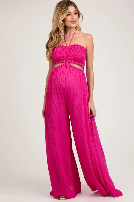 Best Bargains Fuchsia Smocked Drawstring Halter Side Cutout Maternity Jumpsuit