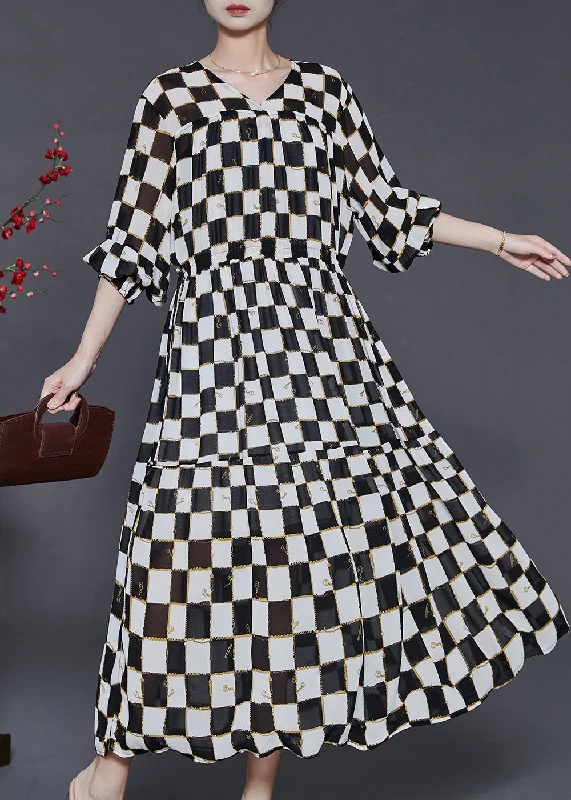 Great Deals elegant shift dressFrench Black Cinched Plaid Chiffon Long Dress Summer