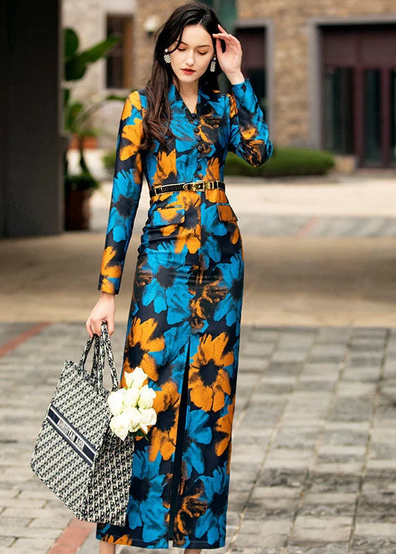 Price Buster chic dressSlim Fit Blue V Neck Print Side Open Silk Wrap Dresses Spring