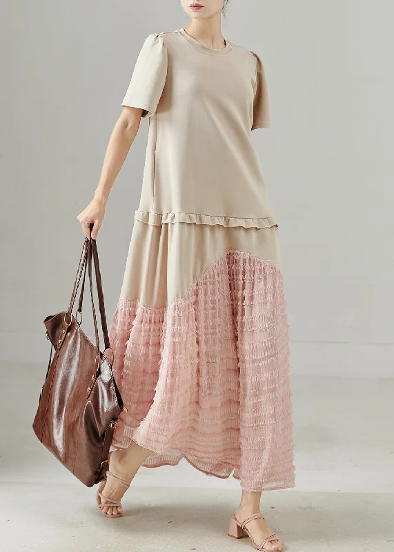 trendy dressWomen Apricot Ruffled Patchwork Cotton Maxi Dress Summer