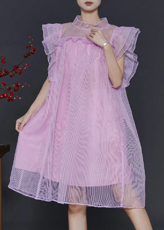 textured dressWomen Pink Oversized Tulle Vacation Dress Butterfly Sleeve