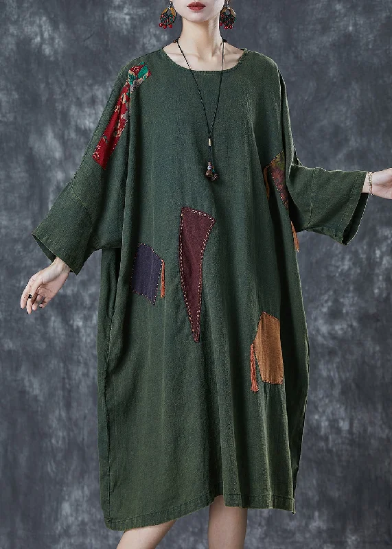 tiered dressArt Green Oversized Patchwork Applique Linen Dress Batwing Sleeve