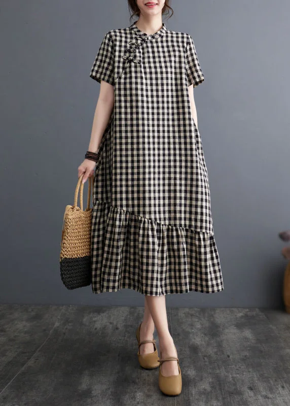 New Arrival t-shirt dressVintage Big Plaid Stand Collar Patchwork Cotton Dress Summer New Arrival t-shirt dressVintage Big Plaid Stand Collar Patchwork Cotton Dress Summer