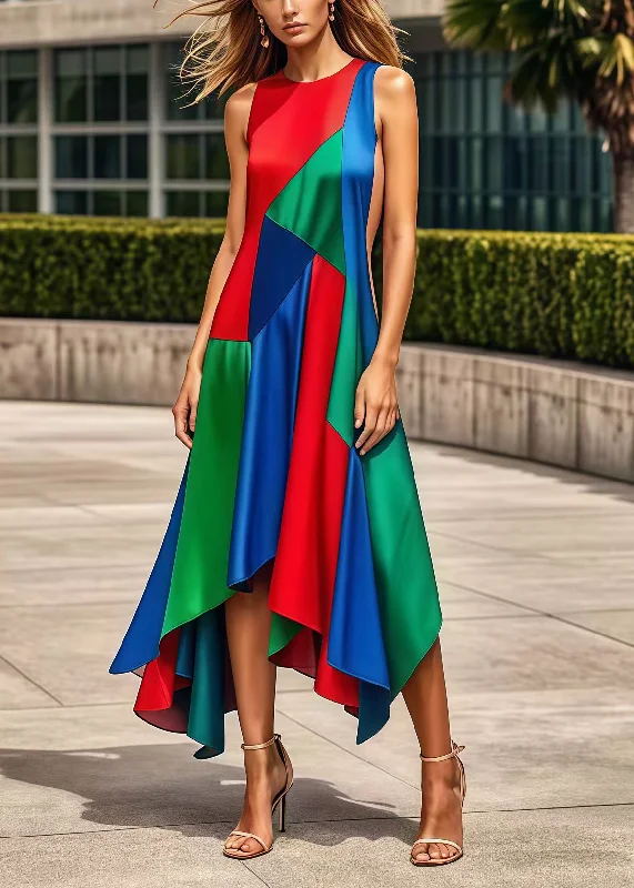 casual shift dressBohemian Multicolor Asymmetrical Patchwork Silk Maxi Dresses Summer