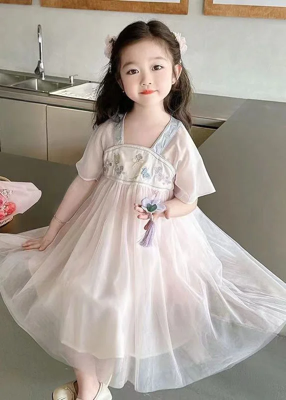 Special Savings structured dressLovely Light Pink Square Collar Embroideried Patchwork Tulle Kids Long Dresses Summer