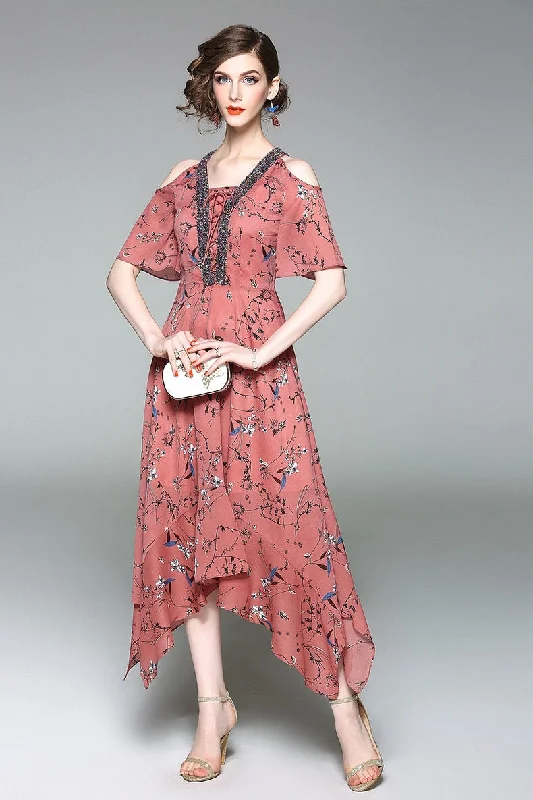 casual summer dressCold Shoulder Floral Dress W/ Beads