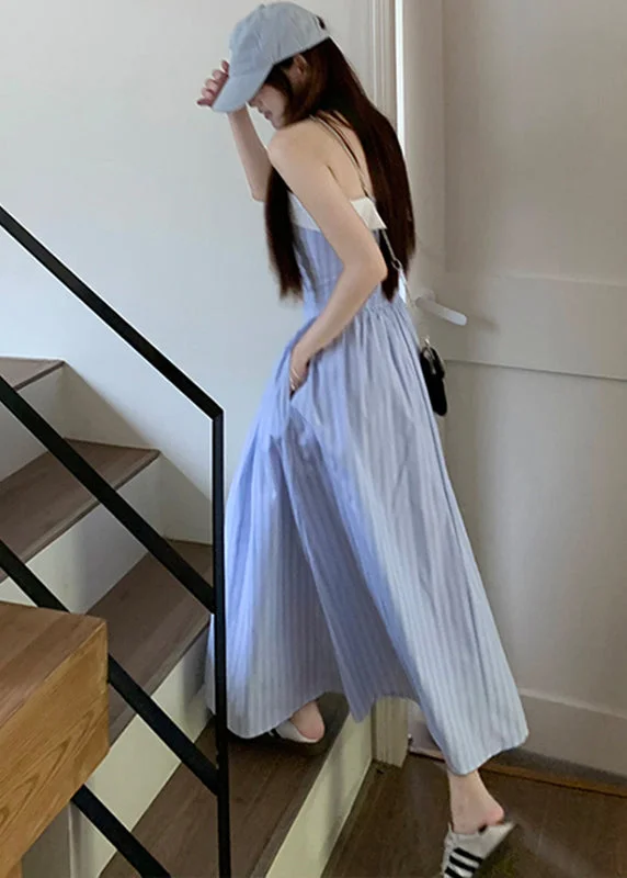 Super Bargain flowy evening dressModern Blue Slash Neck Striped Patchwork Maxi Spaghetti Strap Dresses Sleeveless