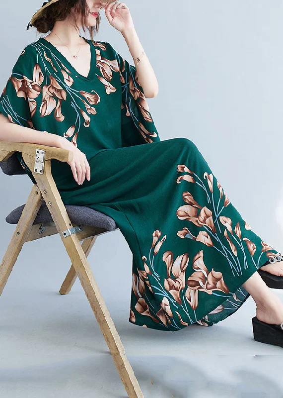 Grand Opening Sale elegant maxi dressFrench Blackish Green V Neck Print Cotton Loose Maxi Dress Batwing Sleeve