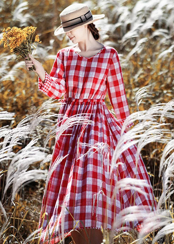 elegant maxi dressNew Red O Neck Plaid Cinched Cotton Long Dresses Spring