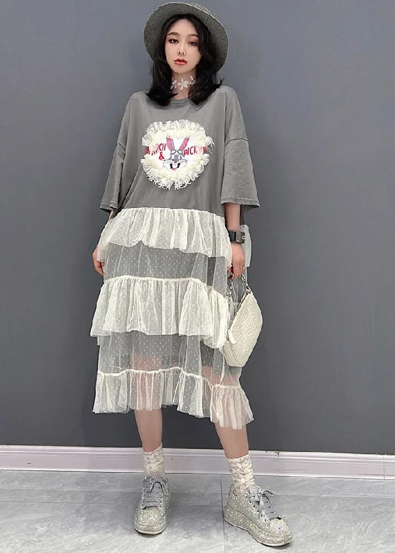 Flash Deals flowy dressCute Grey O-Neck Patchwork Tulle Dress Short Sleeve