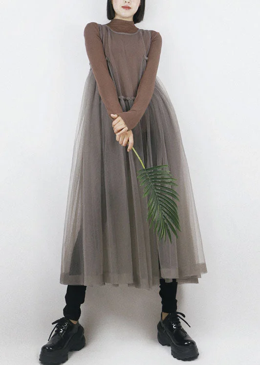 Bonus Savings silk dressBeautiful Grey O-Neck Asymmetrical Design Tulle Long Dress Sleeveless