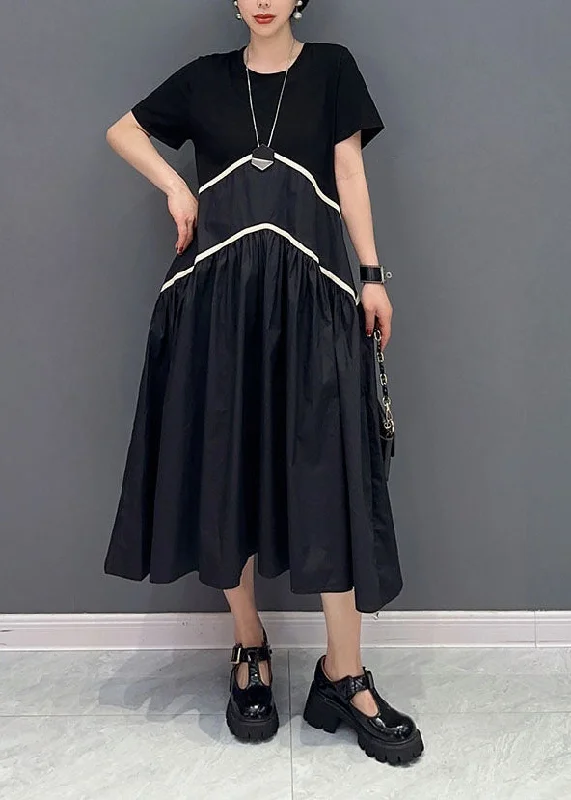 Savings Bonanza fitted bodycon dressModern Black O-Neck Patchwork Cotton Long Dress Spring
