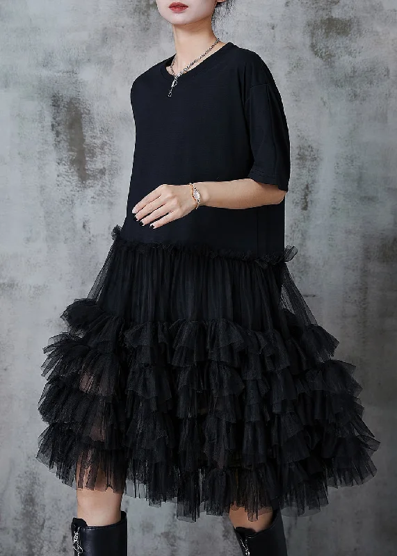 Big Discounts ruffle dressPlus Size Black Oversized Patchwork Cotton Dresses Summer