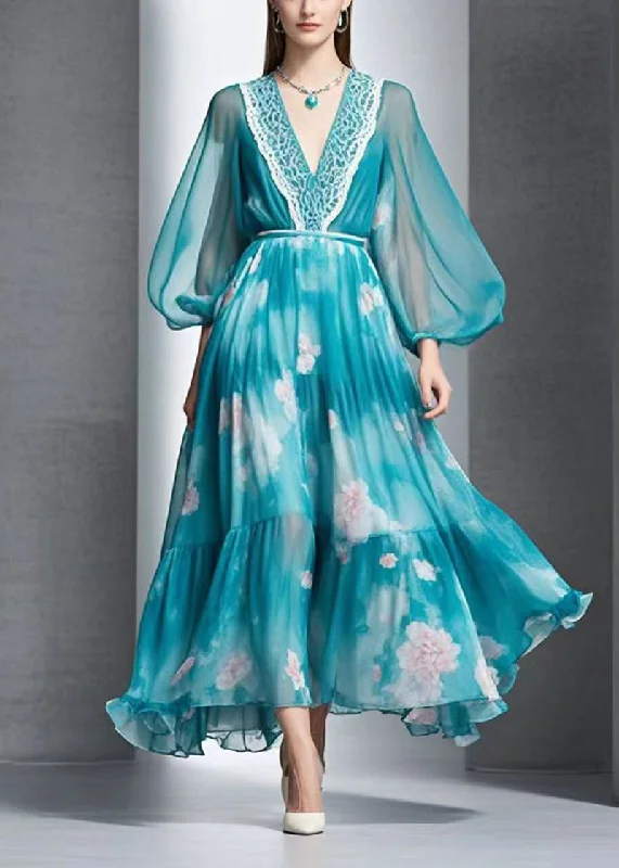 Unmissable Offer vintage dressChic Peacock Blue Print Exra Large Hem Chiffon Long Dress Fall