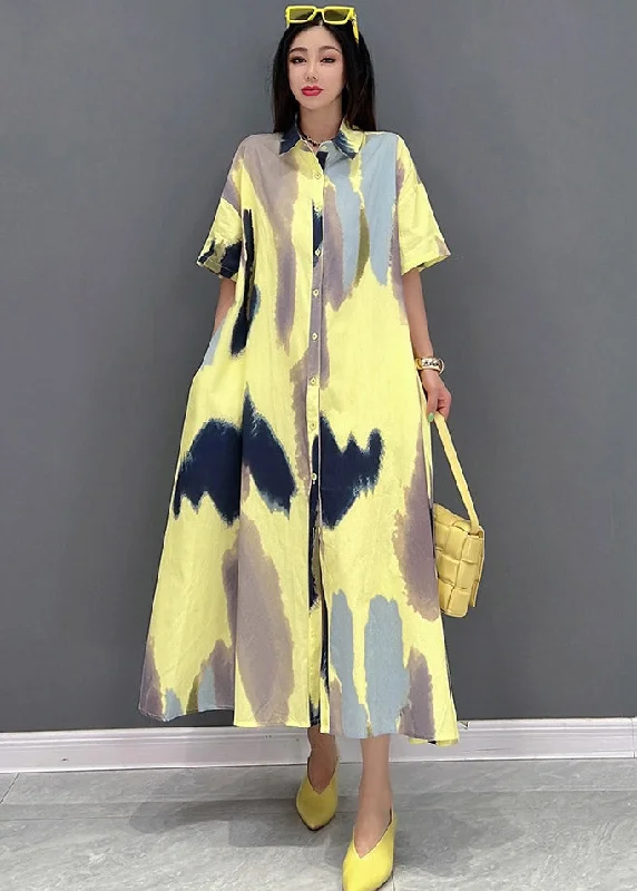 The Best Prices playful dressItalian Peter Pan Collar Print Button Long Dress Short Sleeve