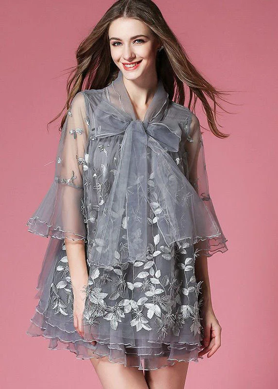 casual dressWomen Grey Bow Embroideried Hollow Out Organza Dress Summer