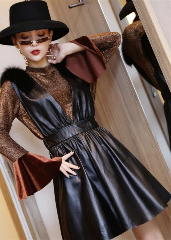 chic dressBoutique Black V Neck Fox collar Slim Fit Sheepskin Dress Sleeveless