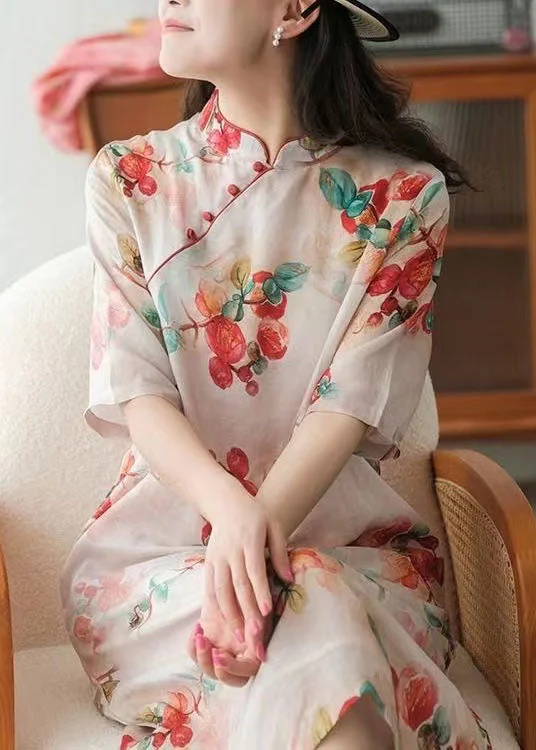 Hurry In fitted dressRed Print Cotton Long Dress Mandarin Collar Short Sleeve