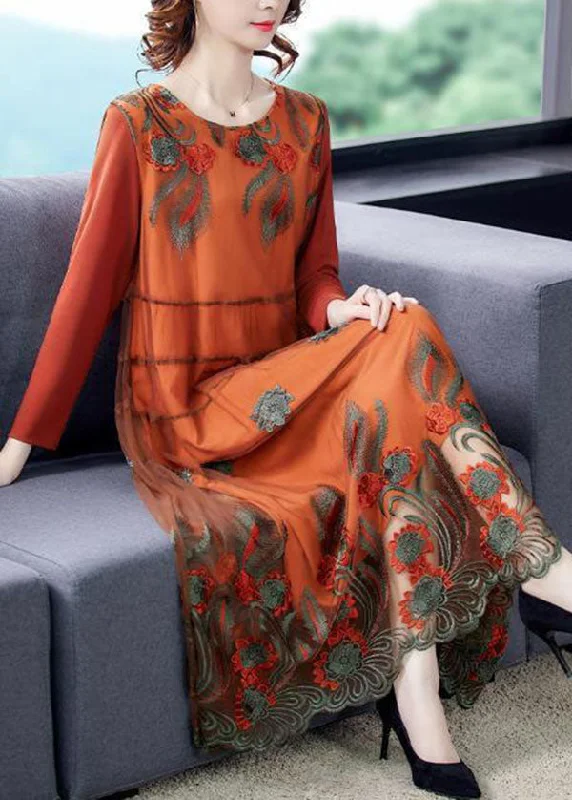 Blowout Deals bohemian dressArt Orange Oversized Embroideried Tulle Holiday Dress Spring