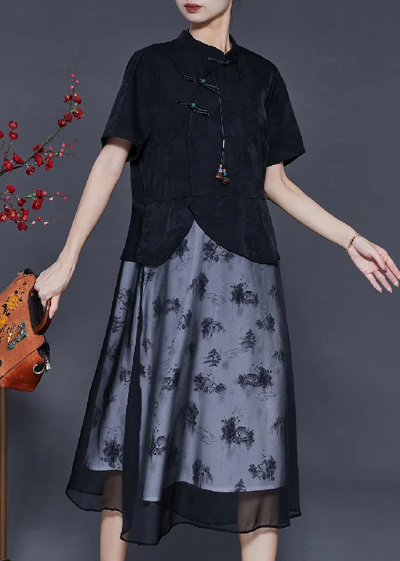 Extra Savings casual dressElegant Black Chinese Button Patchwork Chiffon Dresses Summer Extra Savings casual dressElegant Black Chinese Button Patchwork Chiffon Dresses Summer