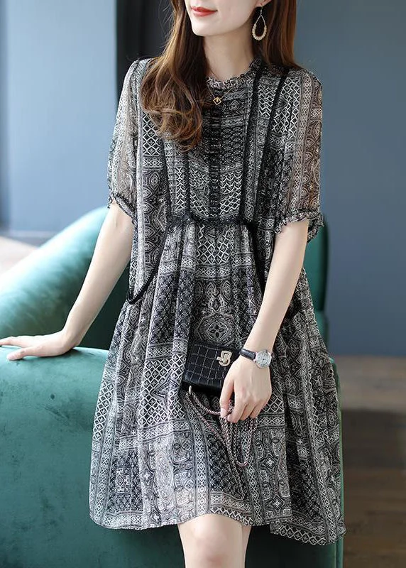 knit dressChic Black O-Neck Ruffled Print Chiffon Party Dress Summer