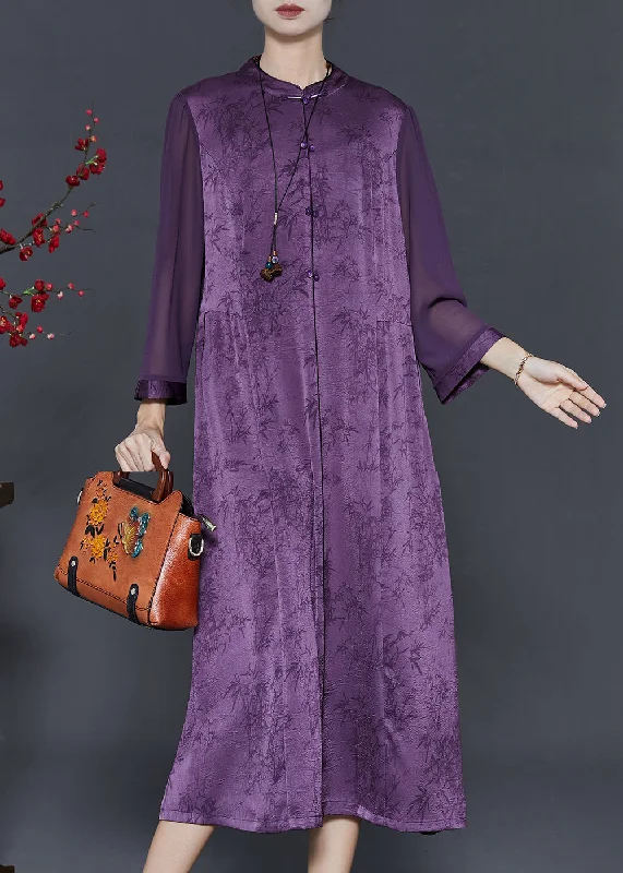 fitted cocktail dressBoutique Purple Print Chinese Button Silk Dresses Summer