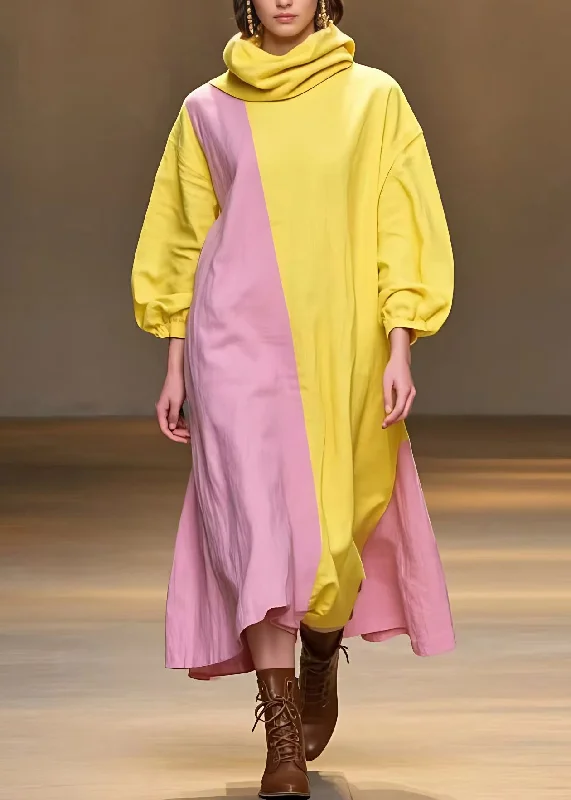 Special Discount pleated maxi dressCute Yellow Turtleneck Patchwork Long Dress Fall