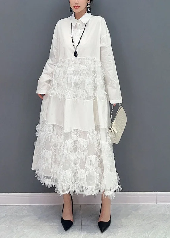 Mega Deal lace-up dressWhite Patchwork Cotton Vacation Dresses Oversized Tassel Spring Mega Deal lace-up dressWhite Patchwork Cotton Vacation Dresses Oversized Tassel Spring