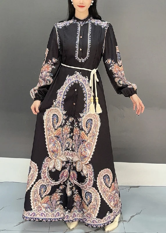 Year-End Sale flowy maxi dressBlack Button Print Cotton Fall Blouses Dresses Stand Collar