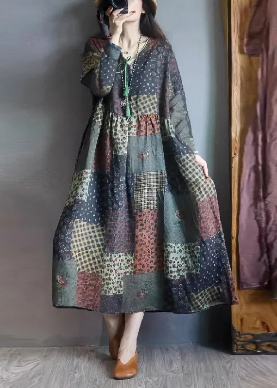 Weekend Deal oversized dressVintage Colorblock Oversized Print Linen Long Dresses Fall