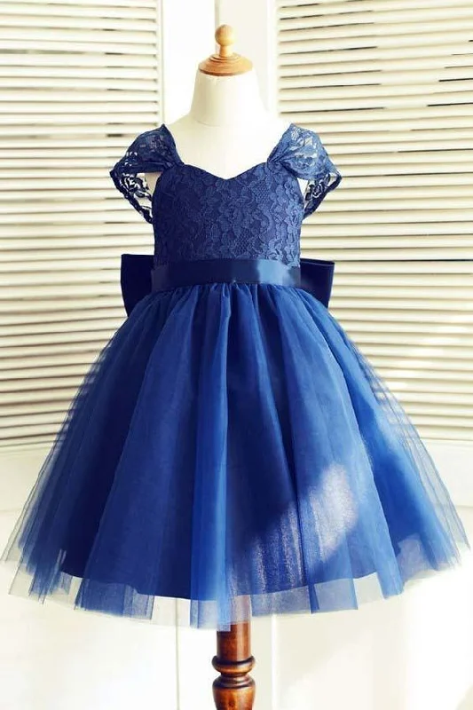 Act Now printed dressCute Navy Blue Flower Girl Dress with Bow at Back