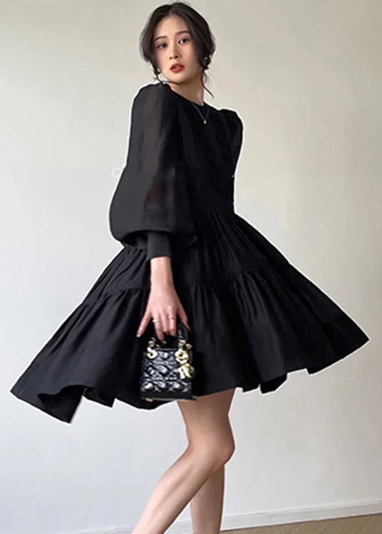 off-the-shoulder dressElegant Black O-Neck Print Silk Mid Dress Long Sleeve