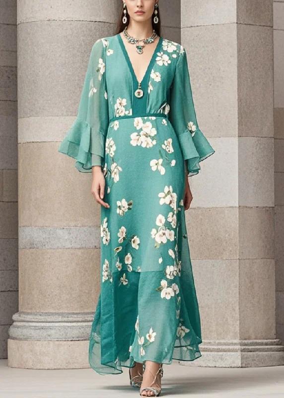 Limited Availability casual dressBeautiful Green Cinched Print Chiffon Dress Flare Sleeve