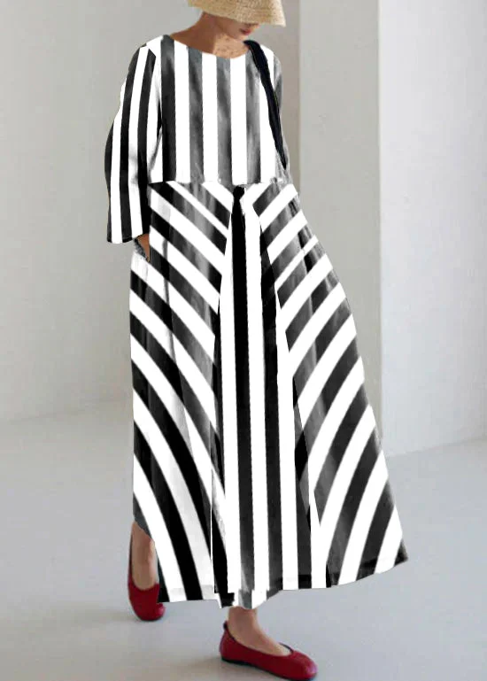 Super Deal trendy wrap dressWhite stripes Cotton Dresses Pockets Patchwork Spring