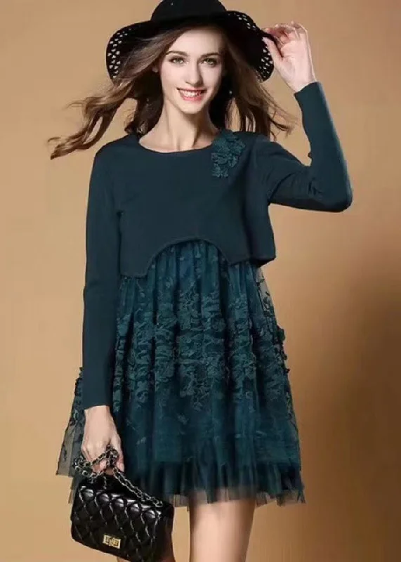 party dressFrench Blackish Green Embroideried Patchwork Tulle Dress Fall