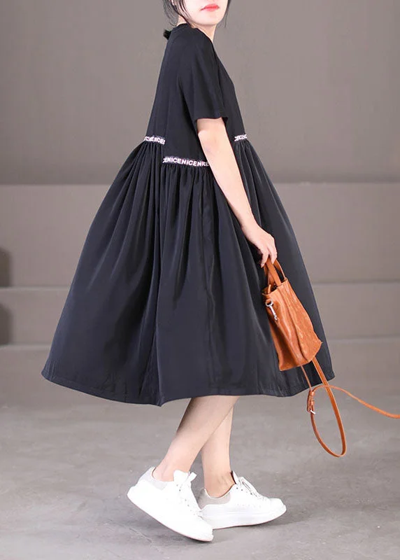 casual midi dressPlus Size Black O-Neck Oversized Letter Applique Pleated Dress Summer