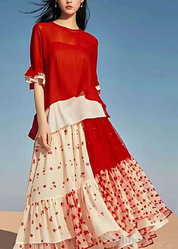 Daily Deals sleek dressOriginal Red O Neck Print Chiffon Long Dress Half Sleeve