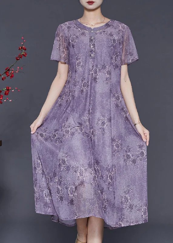 Time-Limited Offer bohemian dressFine Purple Print Chiffon Holiday Dress Summer
